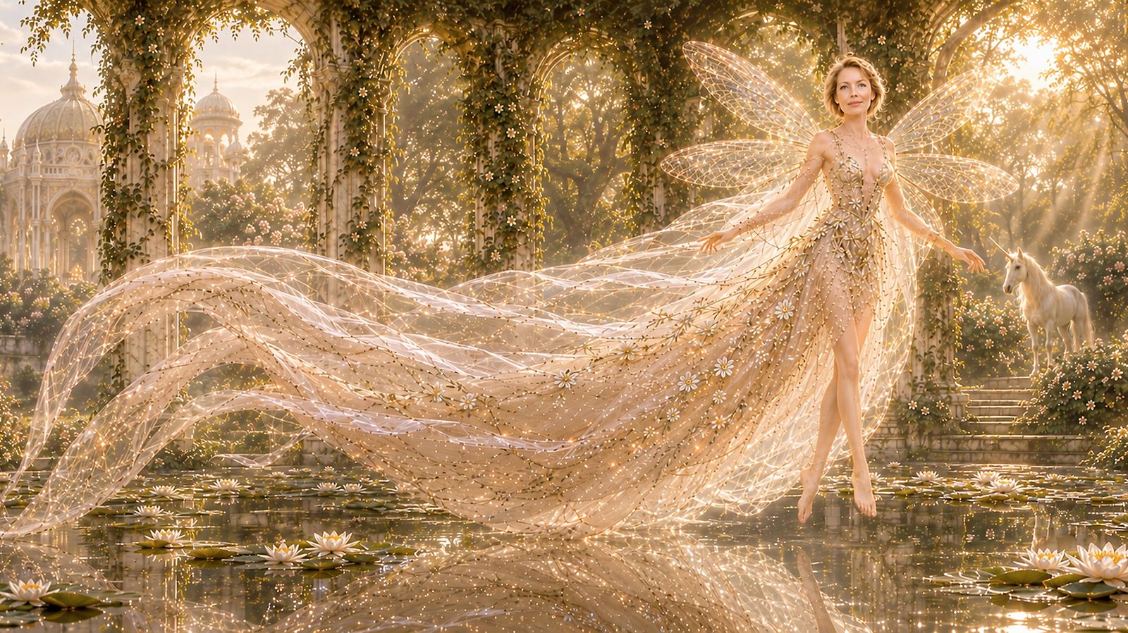 Portrait fantastique réinterprété par IA, femme ailée dans un jardin doré