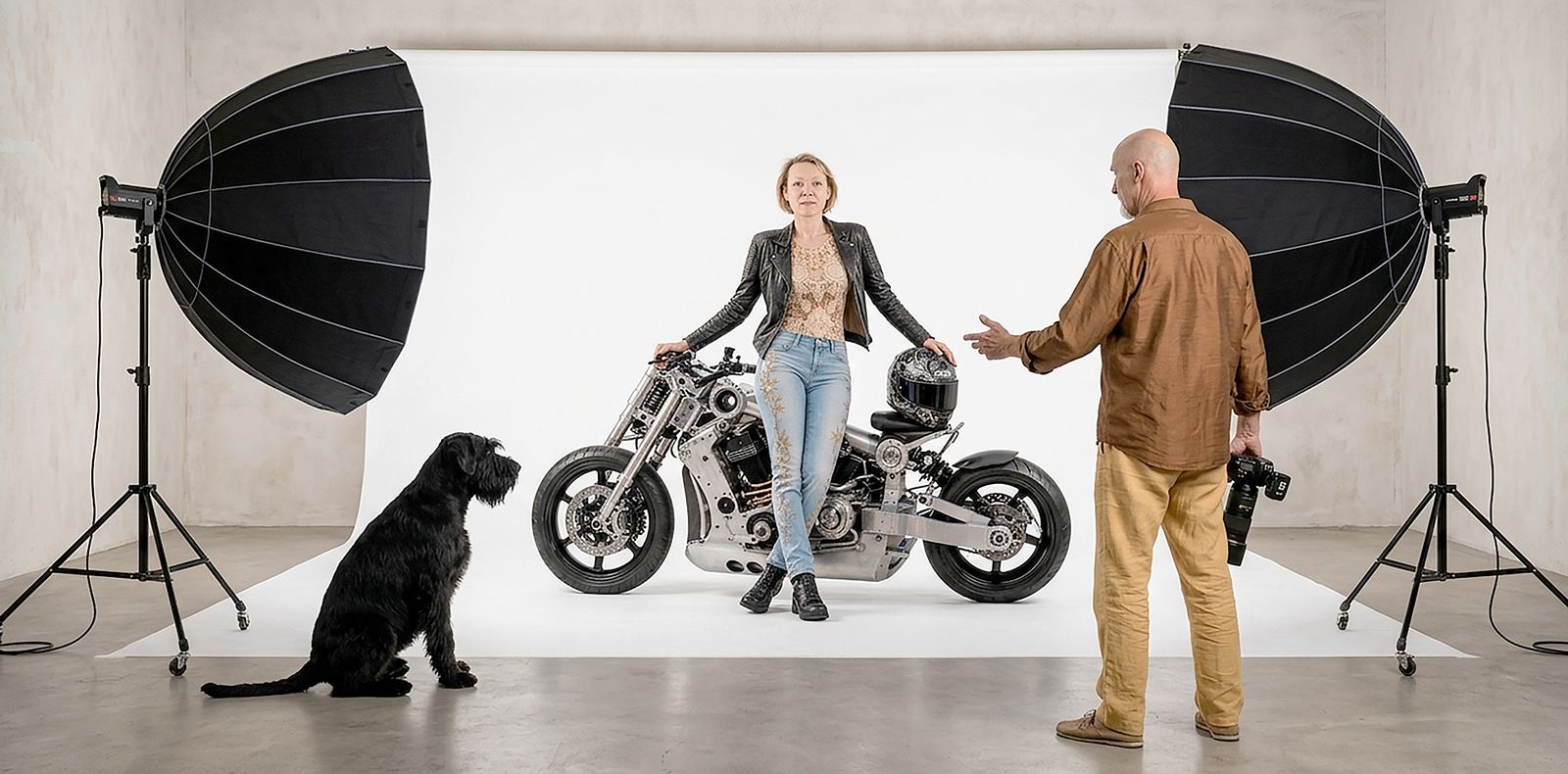 Shooting en studio, jeune femme et sa moto