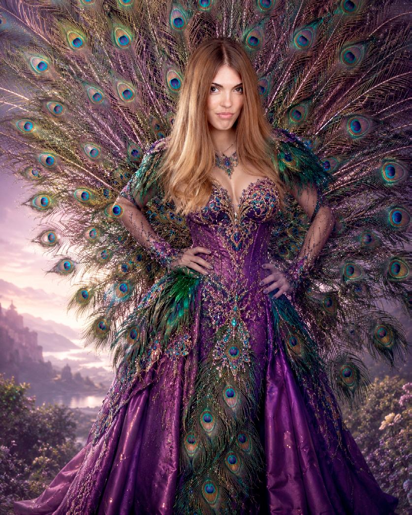 Portrait thématique, robe de plumes de paon